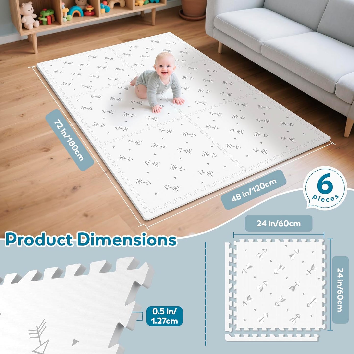 Baby Foam Play Mat-72”x 48” Baby Playmat,6-Piece Interlocking Foam Floor Tiles,Puzzle Mat for Infants and Toddlers,Waterproof,Non Toxic Play Mat for Tummy Time Mat(Arrow)