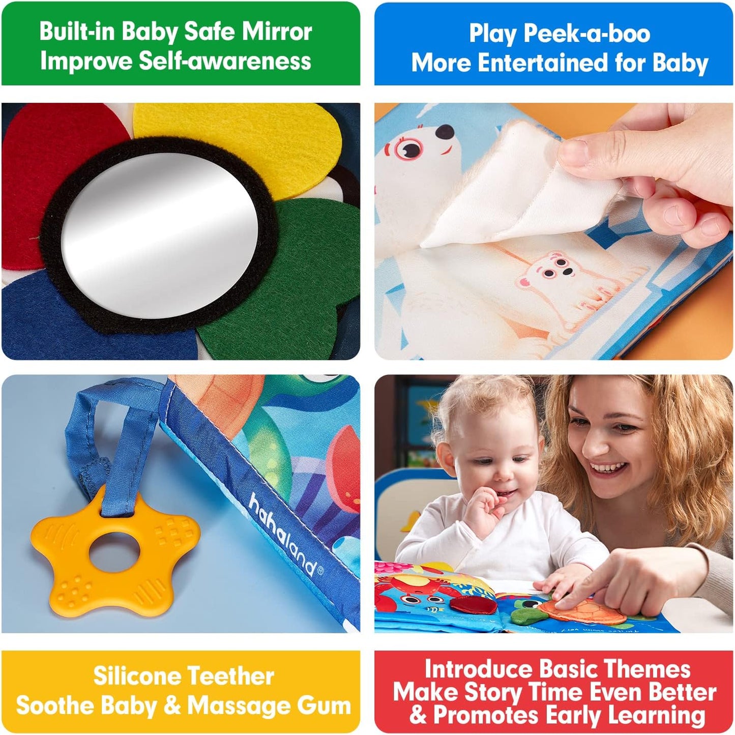 hahaland Baby Books 0-6 Months - 2 PCS Sensory Montessori Toys for Babies 0-6 Months with Crinkle Squeaky Sounds, Mirrors, Teethers - Soft Cloth Tummy Time Book Newborn Infant Toys