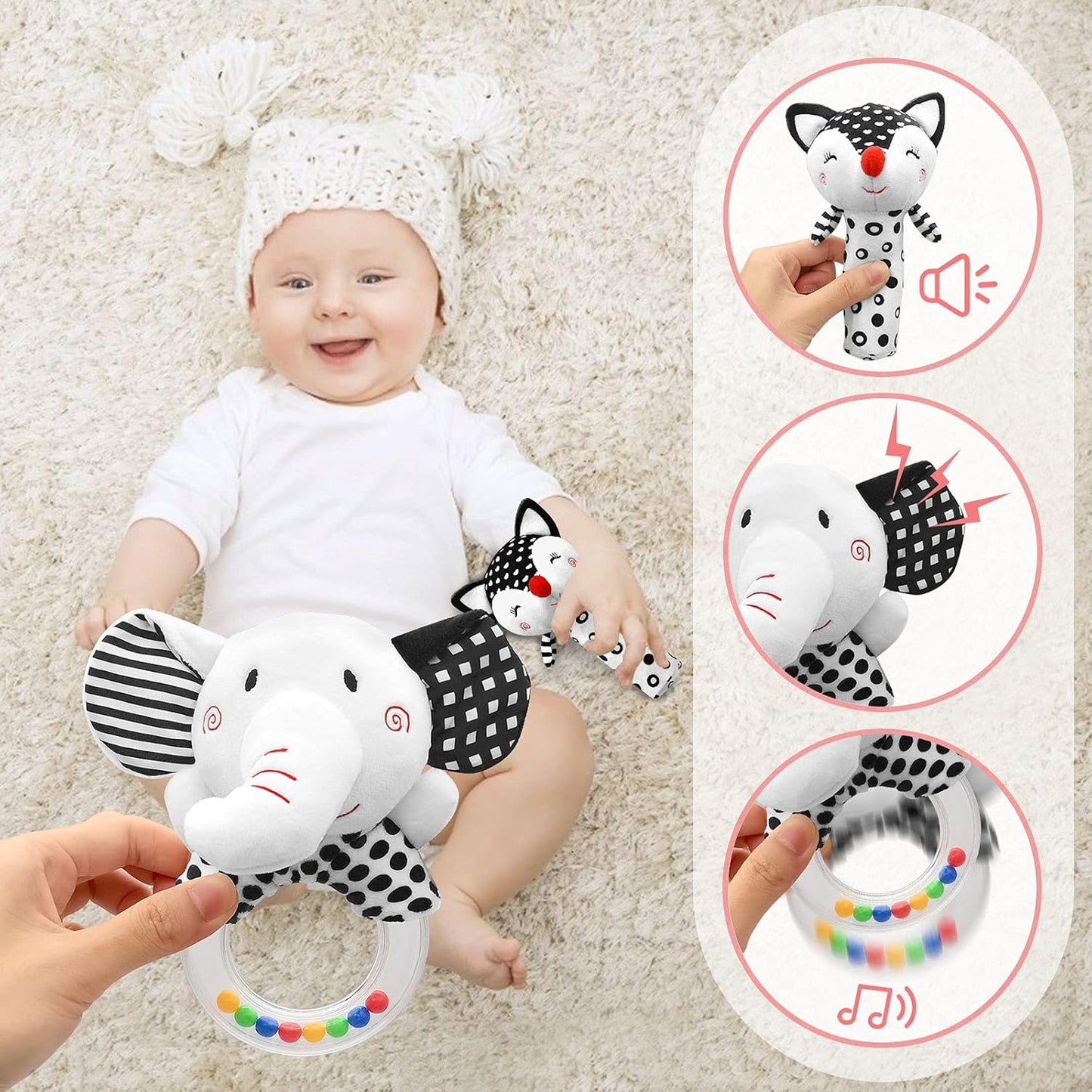 Baby Rattles 0-6 Months Newborn Toys Infant Toys 0-3 Months Rattles for Babies 0-6 Months Baby Toys 0-6 Months, Black and White High Contrast Plush Stuffed Baby Toys for 0 3 6 9 12 Months Girls Boys
