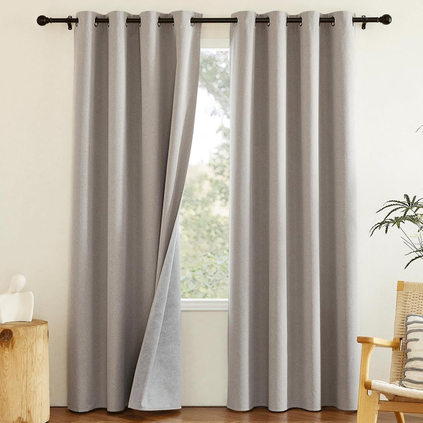 NICETOWN Full Blackout Natural Faux Linen Curtains 102" Length with Thermal Insulated Liners for Living Room, 2 Panels, 52 inches W, Farmhouse Style Keep Warm Large Window Draperies for Hall