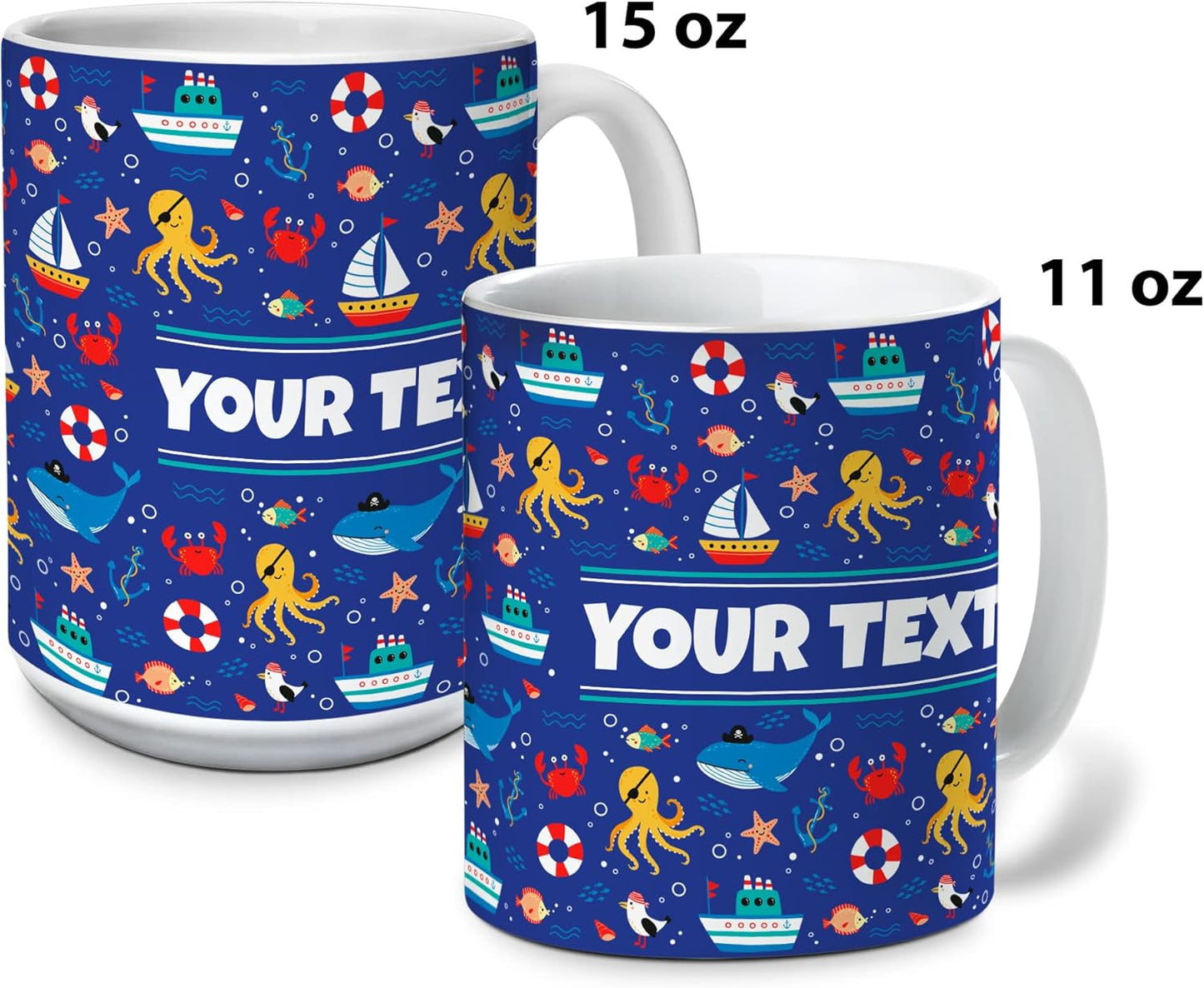 Personalized Mug for Kids - Nautical - Custom Name/Text, Ceramic Hot Chocolate/Cocoa/Coffee Cup for Boys/Girls, Birthday/Christmas/Holiday Gift - 11 oz, Red Handle