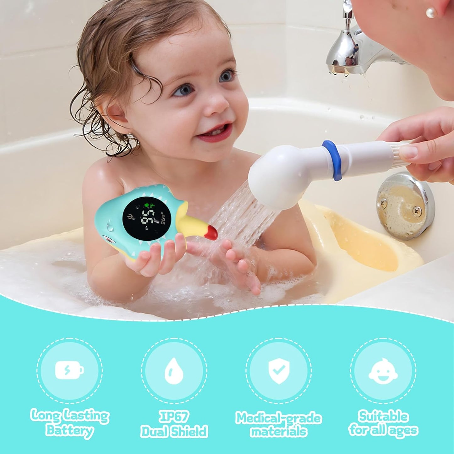 TKY Baby Bath Thermometer with Floating Toys - Digital Water & Room Temperature Monitor, Rechargeable Thermometer with Alerts for Newborn Bath Essentials, Infant Safety
