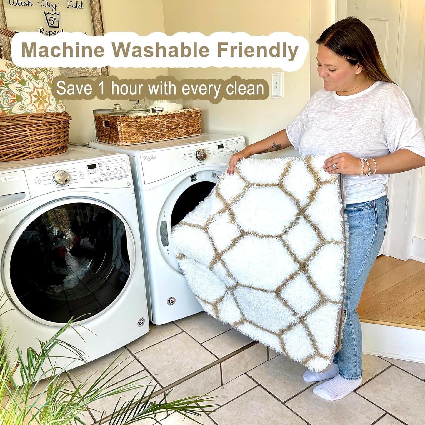 ONASAR 5x7 Area Rugs for Living Room Bedroom, Washable Fluffy White and Beige Faux Fur Bedside Rug, Geometric Boho Soft Plush Shaggy Floor Carpet Mat for Nursery Kids Girls Teen Dorm Home Decor