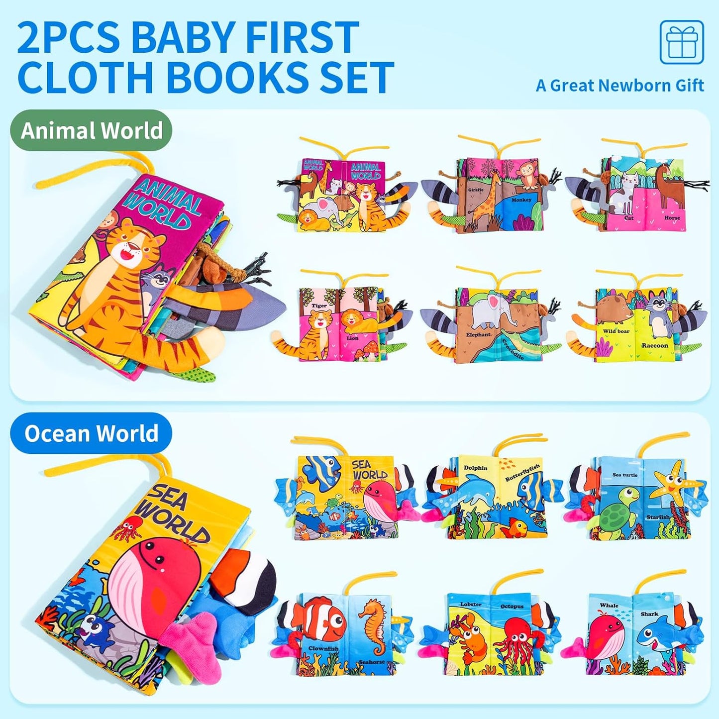 Baby Books 0-6 Months, 2PCS Crinkle Books for Babies, Touch and Feel Sensory Cloth Book 6-12 Months, Tummy Time Toys, Baby Toys for Newborn 6 Page Pink