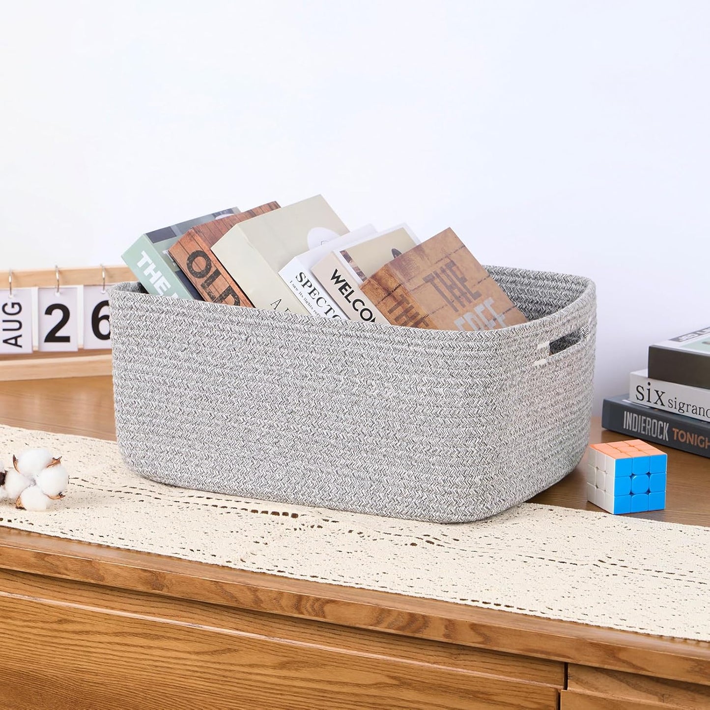 Large Storage Baskets for Organizing, Closet Shelf Baskets for Clothes Blanket Towels, Baby Nursery, Toy Bins Box, Woven Rope Baskets, 17 x 13 x 7.5”, 4 Packs Mixed Grey