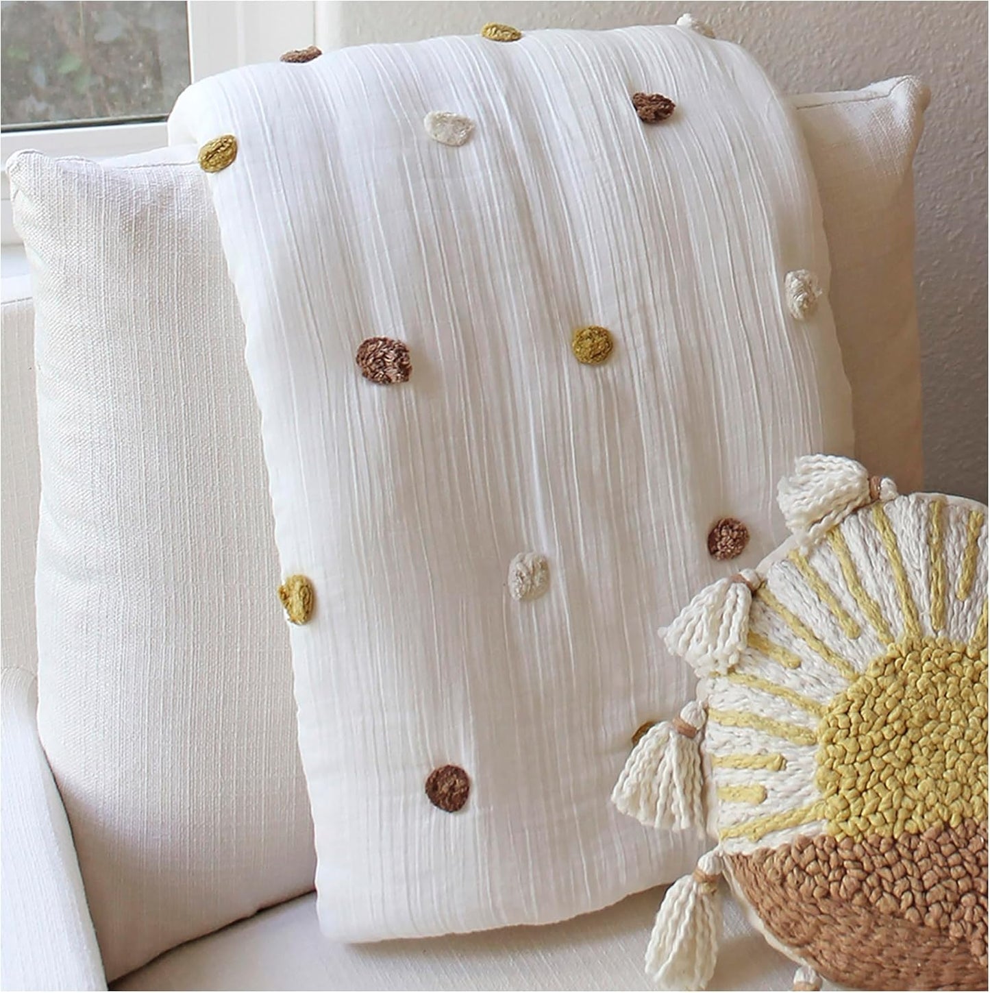 Crane Baby Blanket, 36” x 36”, Soft Cotton Pom Pom Nursery Blanket for Boys and Girls, Cream