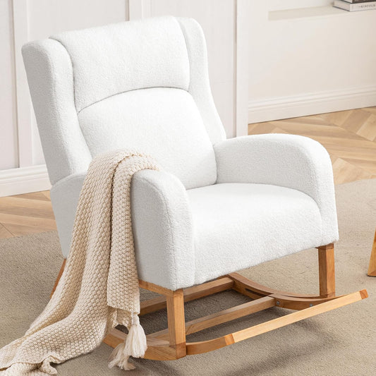 Rocking Chair Nursery, Nursing Rocking Chairs for Mom Nursery, Comfy Wingback Glider Rocking Armchair with Foot Rest and Side Pocket for Nursery Living Room Bedroom, Teddy White