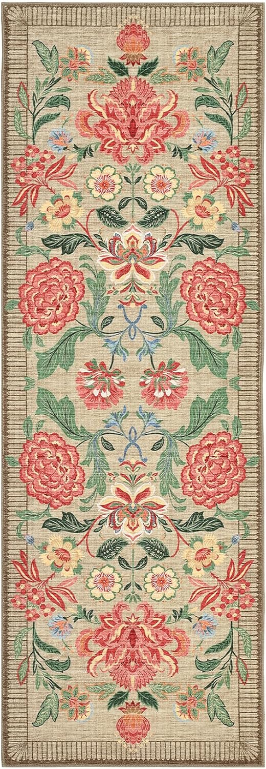 GarveeHome Floral 2x6 Washable Kitchen Runner Rugs Non Slip Camel Taupe Brown Vintage Boho Cottage Long Rug for Hallways Bedroom Entryway Bathroom Mat with Rubber Back