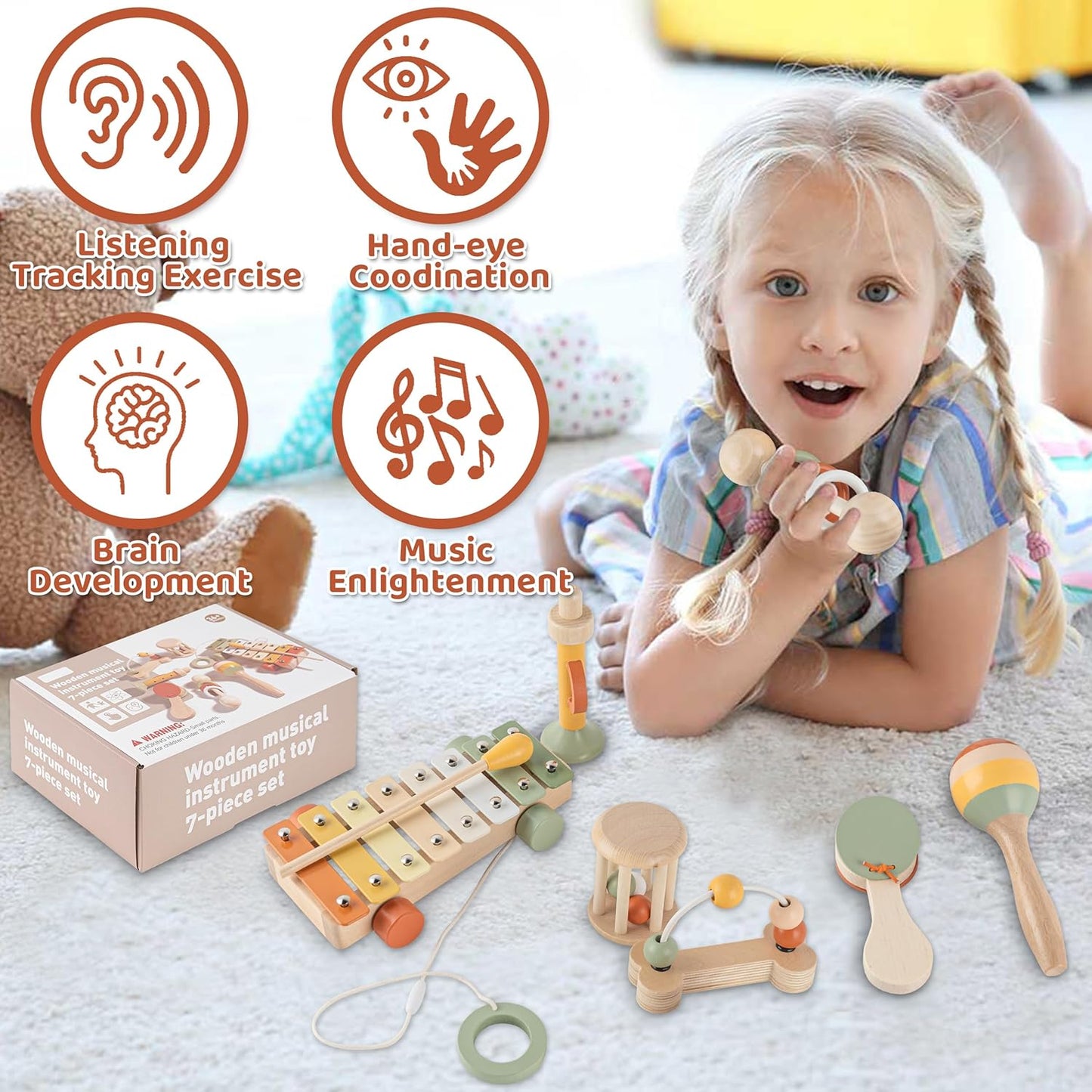 VINJOE Baby Musical Instruments-Toddler Montessori Wooden Musical Toys for Kids, Neutral Colors Percussion Instruments Set Early Learning Musical Toys for Preschool Educational Birthday Gifts