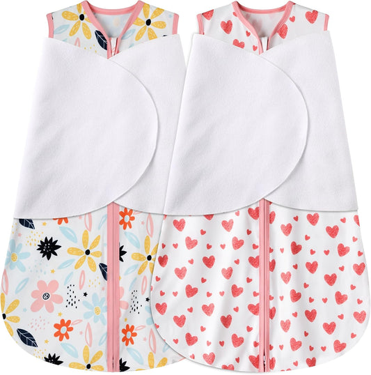 Newborn Sleep Sack Baby Swaddle,0-3 Months,3-Way Adjustable Wearable Blanket,100% Rayon Cotton Swaddling Sleeping Bag，TOG 0.5（Heart&Floral）