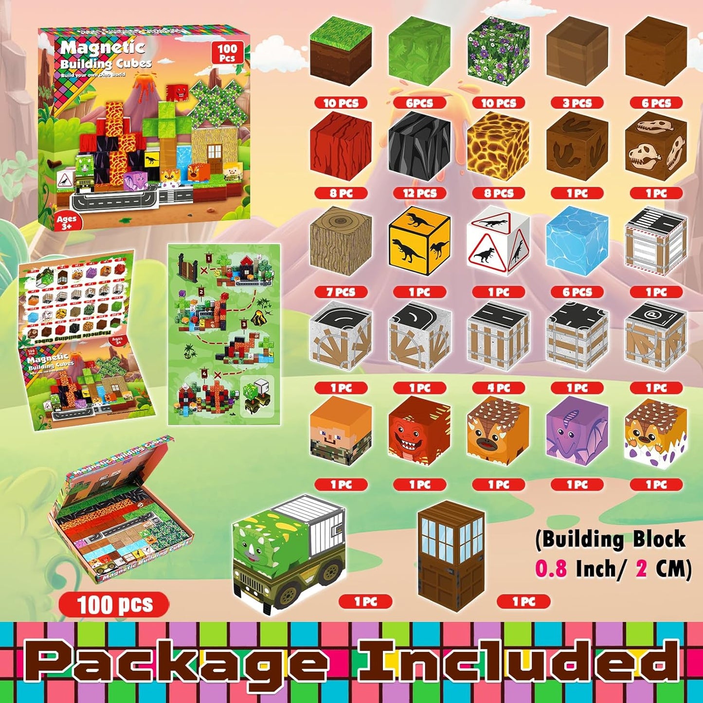 Goody King Dinosaur Volcano Magnetic Block World |100PCS Dinosaur Magnetic Block Cubes,STEM Montessori Sensory Toys for Toddlers Kids Boys Girls Ages 3-5 6-8 Christmas Birthday Gifts