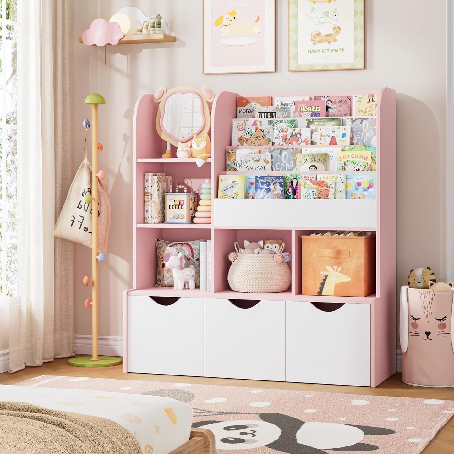 FOTOSOK 47'' Kids Bookcase and Bookshelf, Multifunctional Bookcase with 5 Storage Cubbies and 3 Movable Drawers, Toy Storager Display Stand, Toy Storage Organizer for Bedroom, Playroom, Hallway, Pink