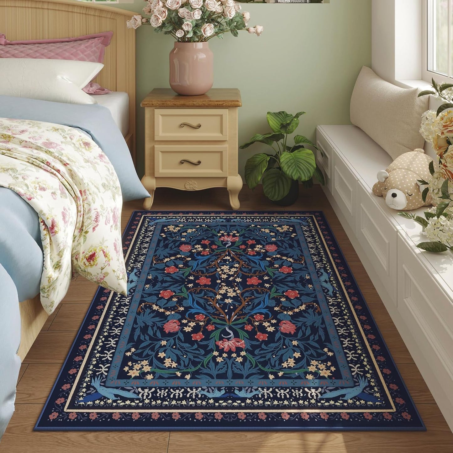 Area Rug 4x6 Rug Washable Vintage Floral Botanical Rugs Non Slip Low Pile Small Carpet for Bedroom, Bedside, Kids Room, Office, Dining Room, Blue