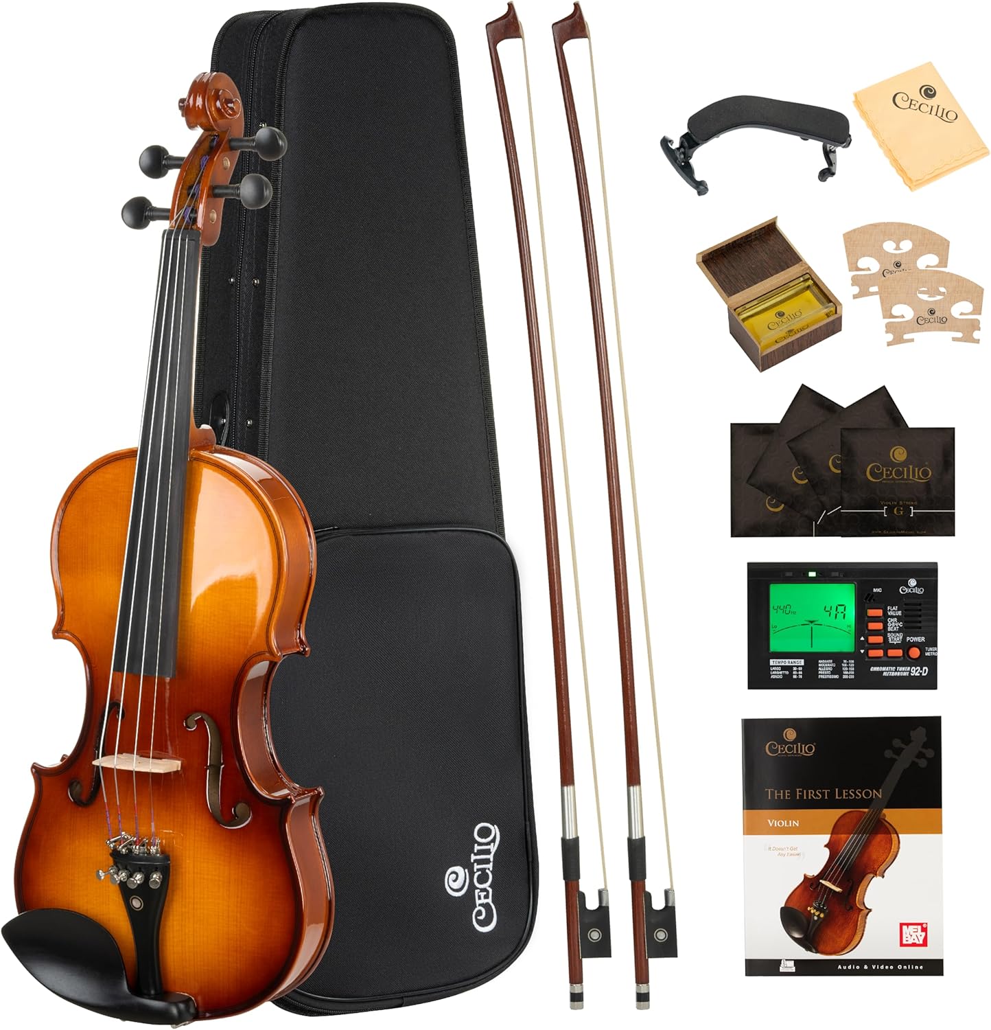 Cecilio 3/4 Violin Solidwood Violin with D'Addario Prelude Strings, Bow, Rosin, Tuner, Shoulder Rest & Lesson Book – Ideal for Beginners