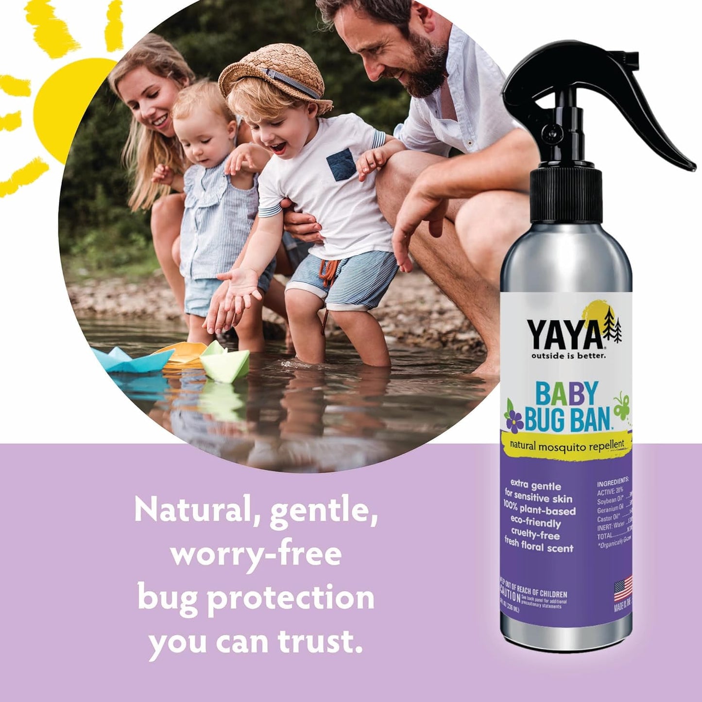 YAYA ORGANICS Baby Bug Ban – Natural, Proven Effective Mosquito Repellent for Babies, Kids and Sensitive Skin (8 Ounce Spray)