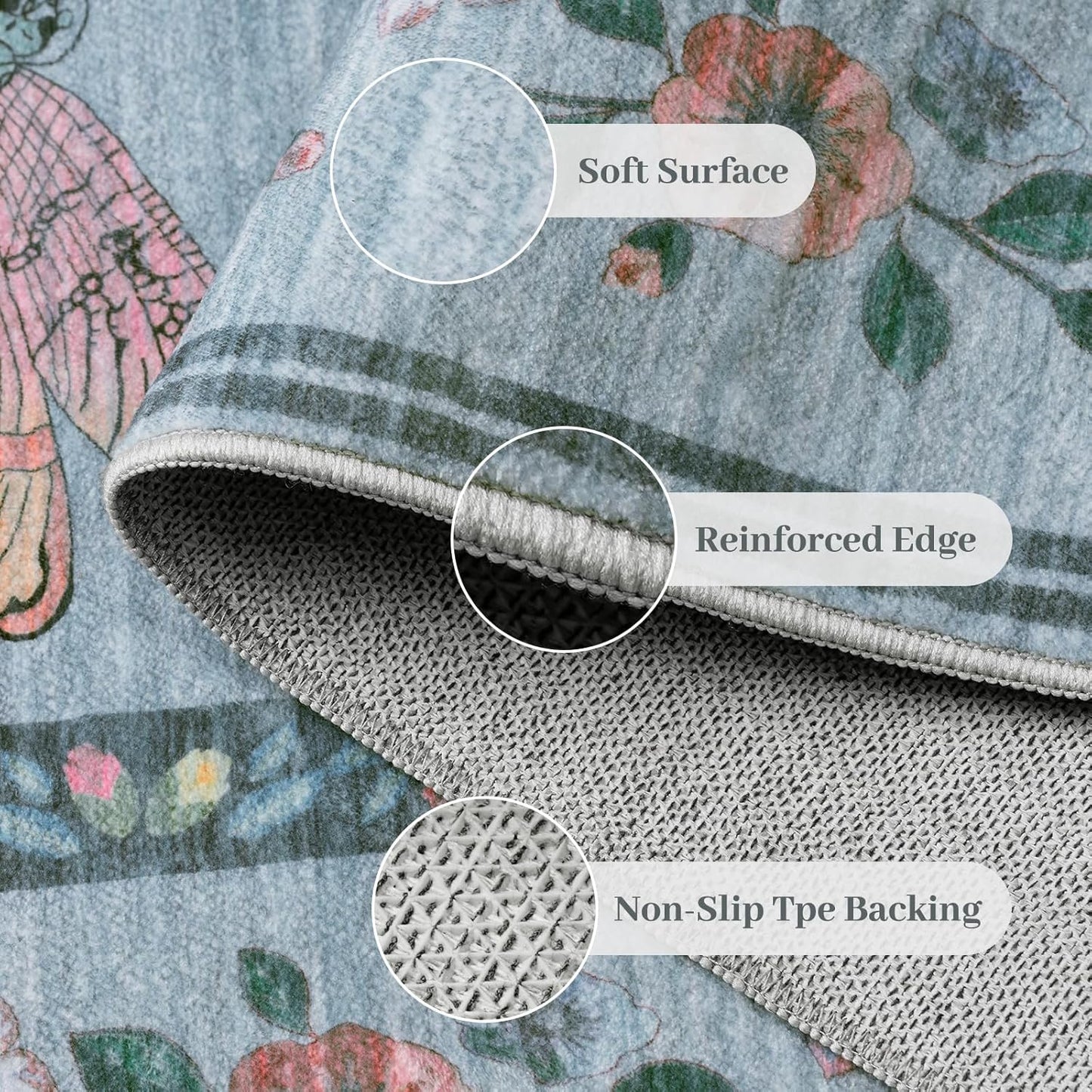 3x5 Washabl Rug with Insect Print - Bug Rug Non-Shedding Stain Resistant Soft Small Carpet for Bedroom, Low Pile Ultra-Thin Machine Washable Carpet for Nursery,Entrance, Office (3'x5' Blue)