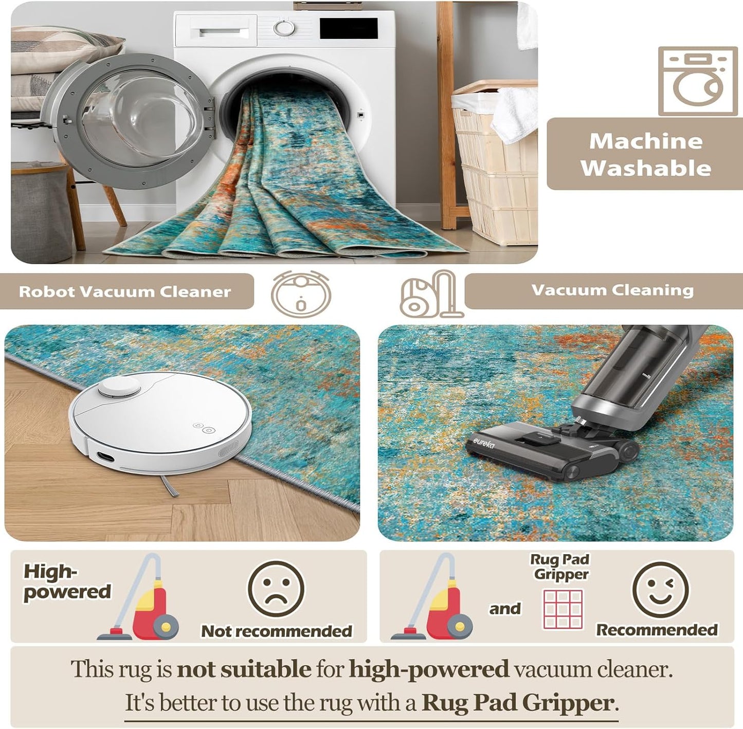 Washable Area Rugs 9'x12' Non-Slip Modern Abstract Soft for Living Room Entryway Bedroom Nursery, Print Pattern, Teal Blue Green Orange Rust Red Colorful