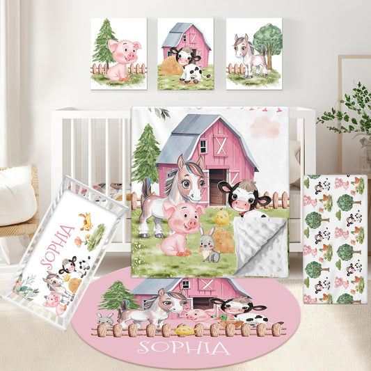 Personalized Baby Bedding Set, 5 Pcs Custom Crib Set With Name, Double Layer Nursery Bedding, Soft Farm Animal Set for Boy Girls, Customized Gift for Toddler Infant