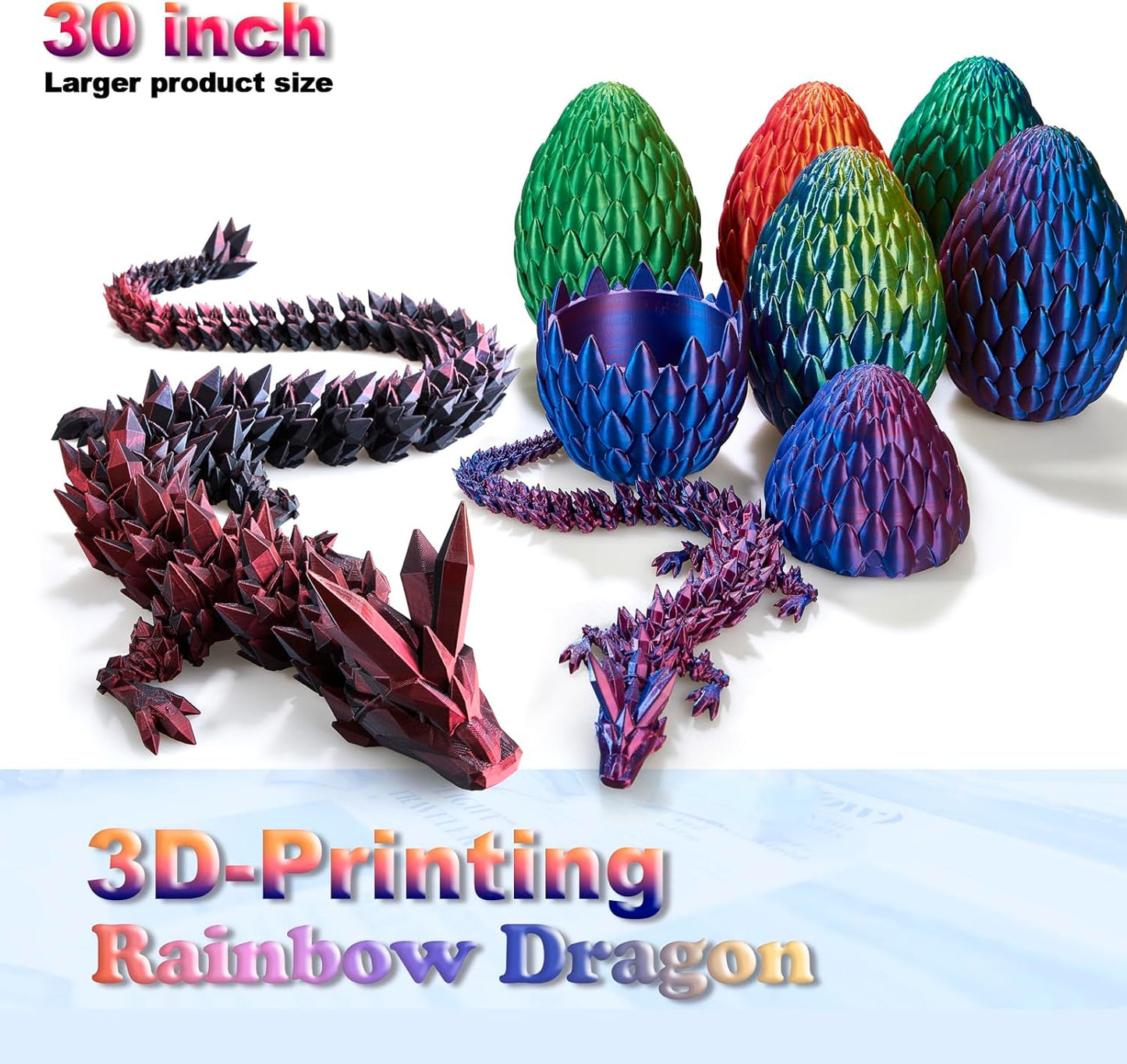 Large 30" 3D Printed Dragon,Articulated Crystal Dragon,3D Dragon Toy,Dragon Collection, Executive Desk Decor (Black-Red)