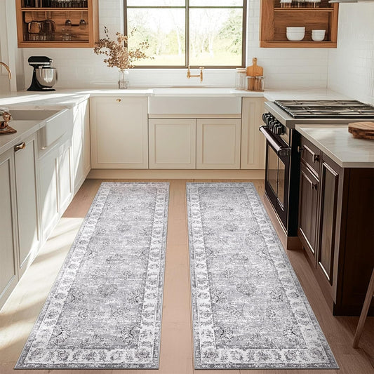 jinchan Runner Rug 3x10-2pcs Kitchen Washable Vintage Hallway Rug Floral Print Floor Cover Indoor Thin Retro Mat Accent for Bathroom Laundry Room Bedroom Office Farmhouse (Double,Grey)