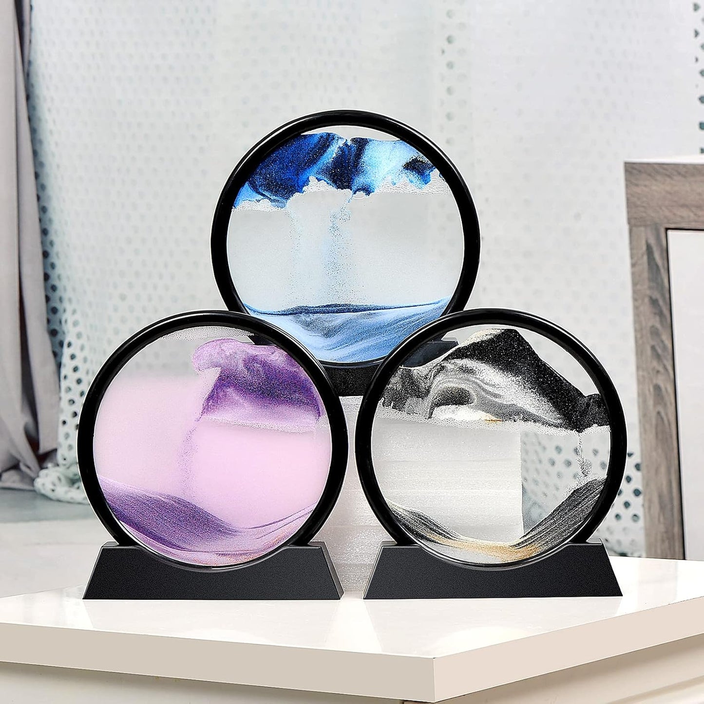 Liquid Motion Sandscape Round Moving Sand Art Sensory Toy Anxiety Fidget ADHD Relaxation Toy Home Office Desktop Decoration (Black, 7-in)