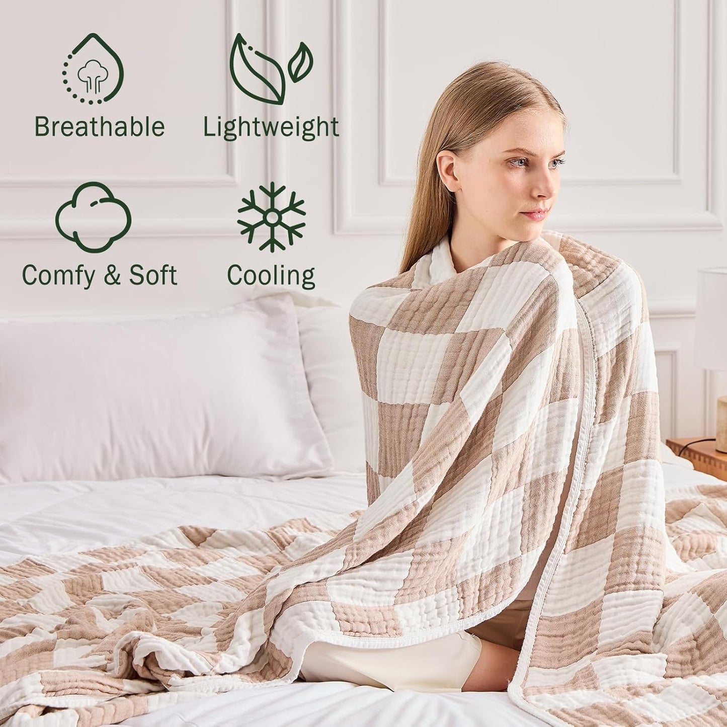 EMME Checkered Cotton Blanket Queen Size for Bed Soft Large Muslin Bed Blankets 80"x90" Lightweight Breathable Cooling All Season Gauze, Light Tan