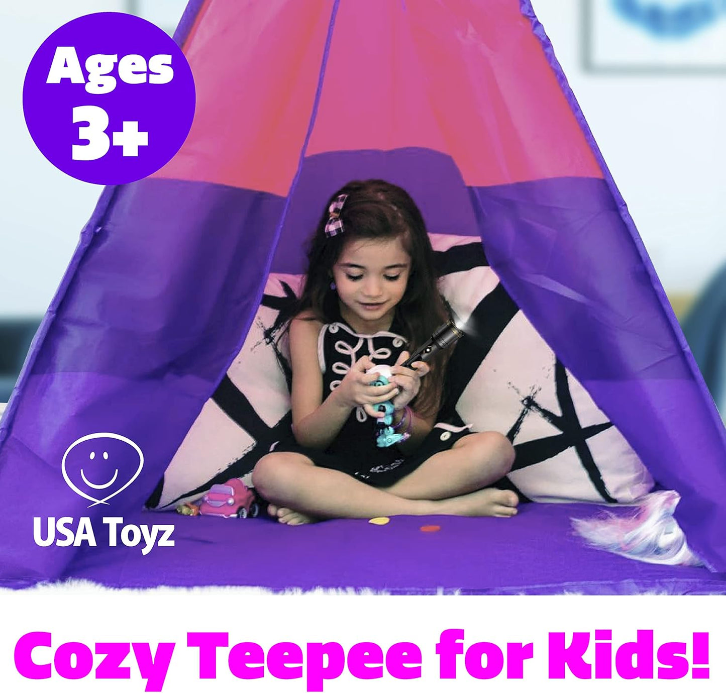 USA Toyz Happy Hut Teepee Tent for Kids - Indoor Pop Up Teepee Kids Playhouse Tents for Boys, Girls, Toddlers with Portable Storage Bag (Pink)