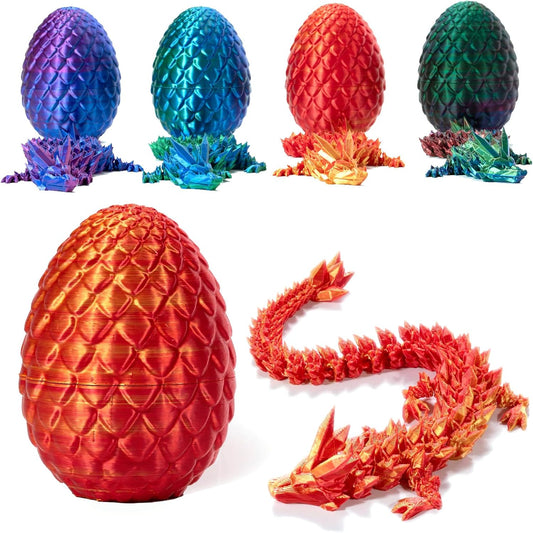3D Printed Dragon in Egg, Full Articulated Dragon Crystal Dragon with Dragon Egg, Home Office Decor Executive Desk Toys, Adults Fidget Toys for Autism/ADHD (Laser Red, 12")