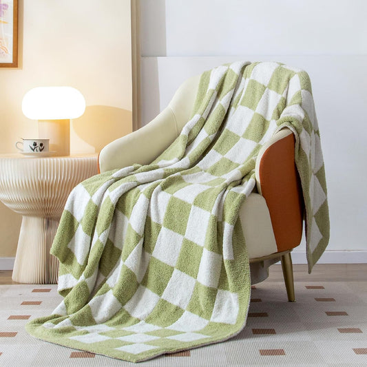 SeaRoomy Checkered Blanket, Ultra Soft Knitted Blanket Queen Size, Warm Cozy Fluffy Microfiber Reversible Checkerboard Bed Throw for All Seasons Sage Green Decor(Sage Green, 90"×90")