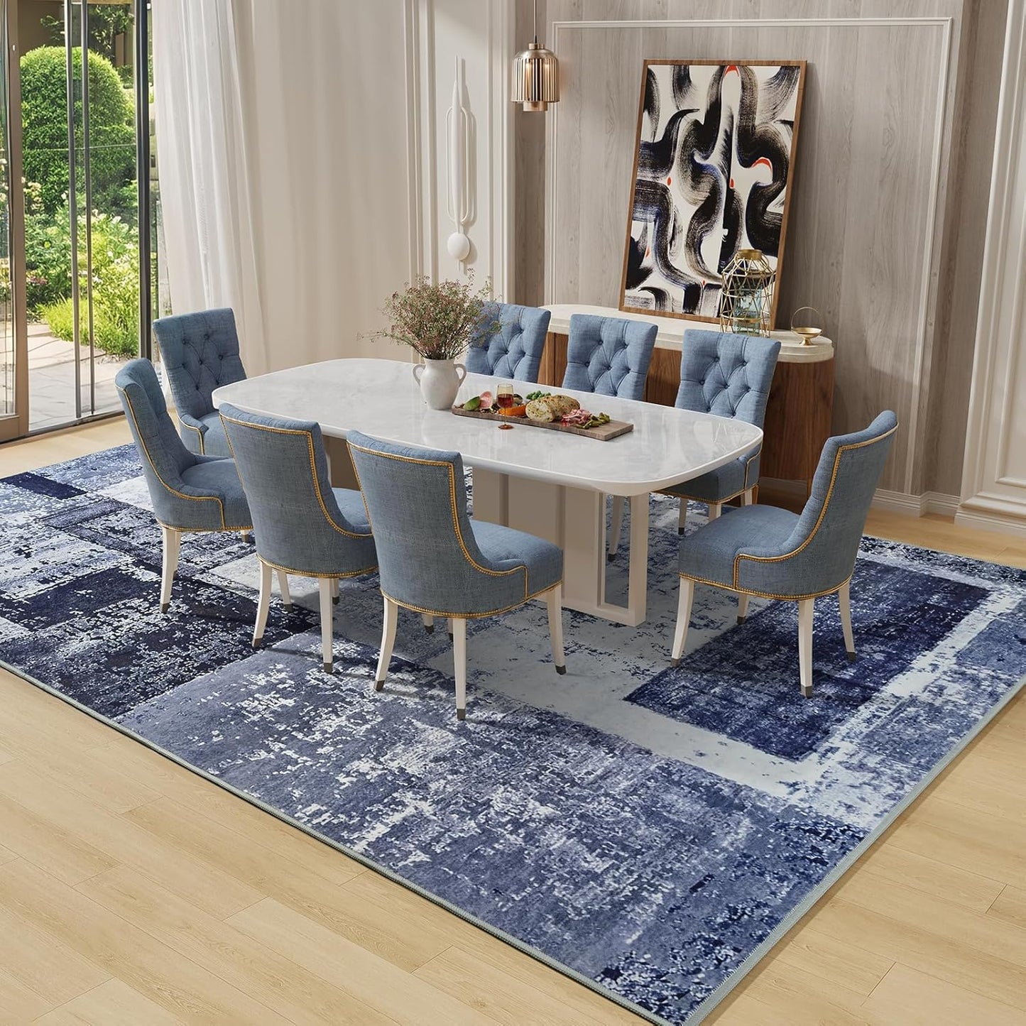 LOCHAS Rug for Living Room, Washable Soft Area Rugs for Bedroom 6x9, Abstract Carpet for Indoor Office Kids Dining Room Nursery Floor, Blue Geometric Vintage Home Decor, Non Slip, Pet Child Friendly