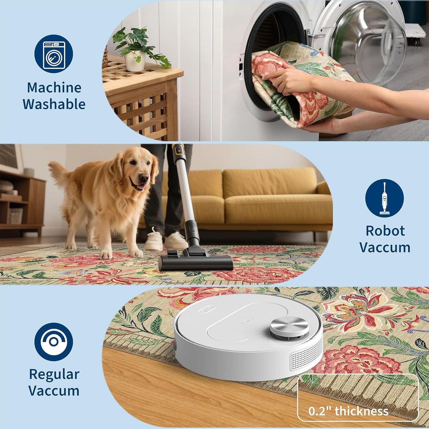 GarveeHome Floral Botanical Washable 9x12 Area Rug for Living Room Soft Camel Taupe Brown Vintage Boho Cottage Large Rugs Low Pile Carpet for Bedroom Dining Nursery Rug