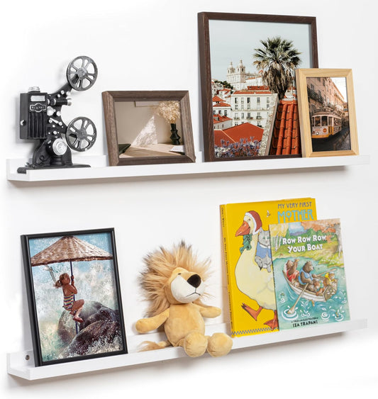 Fun Memories Picture Ledge Shelf, 36 Inch Floating Shelves Set of 2, Nursery Book Shelves for Toys Storage, Kids Bookshelf Wall Mounted for Wall Decor Books Photo Frames, White