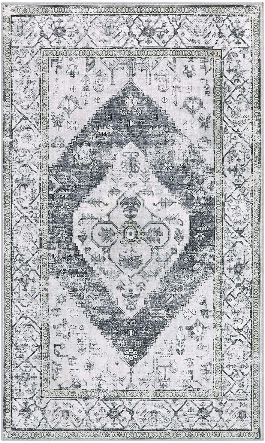 Lahome Boho Washable Rugs for Bedroom - 3x5 Area Rugs for Living Room Throw Non-Slip Thin Entryway Rug Kitchen Rugs Grey Oriental Distressed Print Capet for Office Bathroom Laundry Room Dining Room