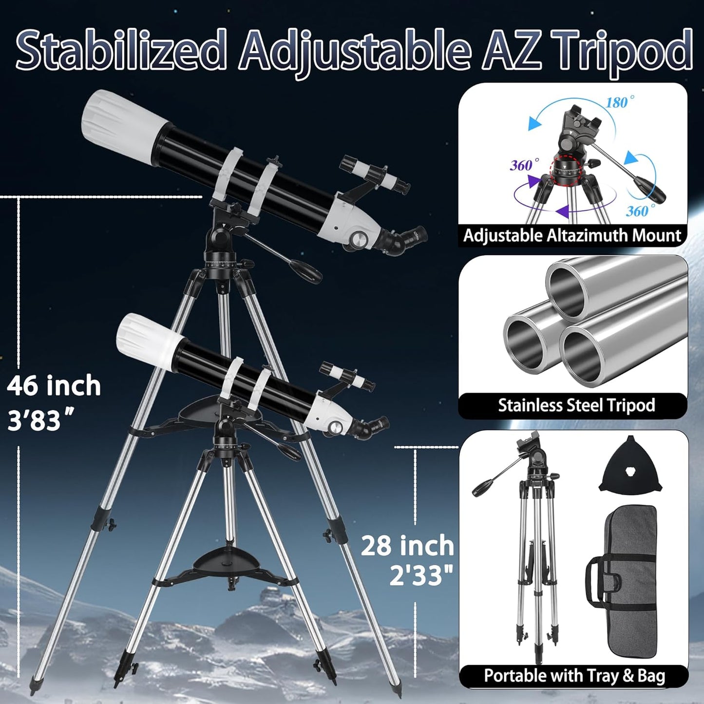 Telescope, 90mm Aperture 900mm Astronomical Refractor Telescope for Adults High Powered - Multi-Coated Professional Telescopes for Astronomy Beginners with AZ Mount, Portable Carry Bag, Phone Adapter