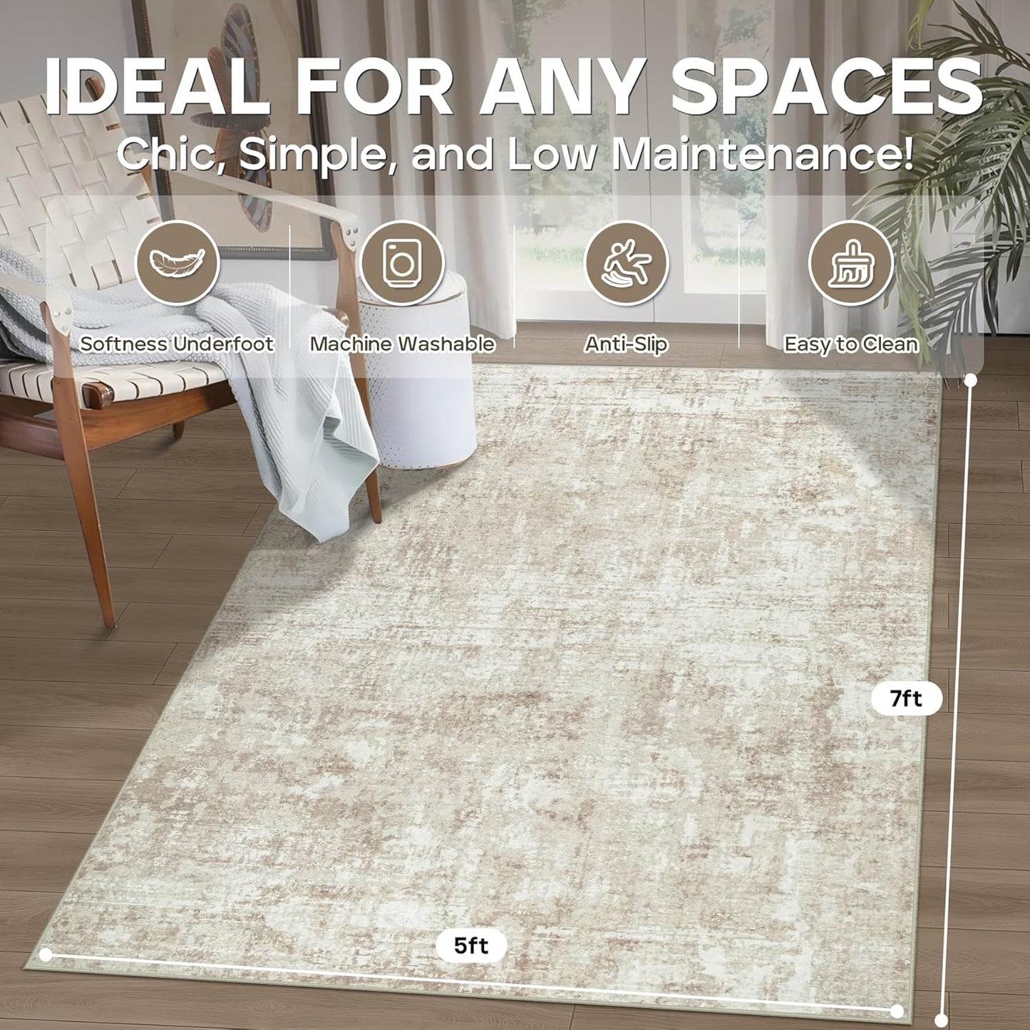 5x7 Area Rugs for Living Room Rug Washable: Modern Rug for Dining Room Bedroom Carpet Non Slip Low Pile 5 by 7 Indoor Abstract Nursery Home Office Beige