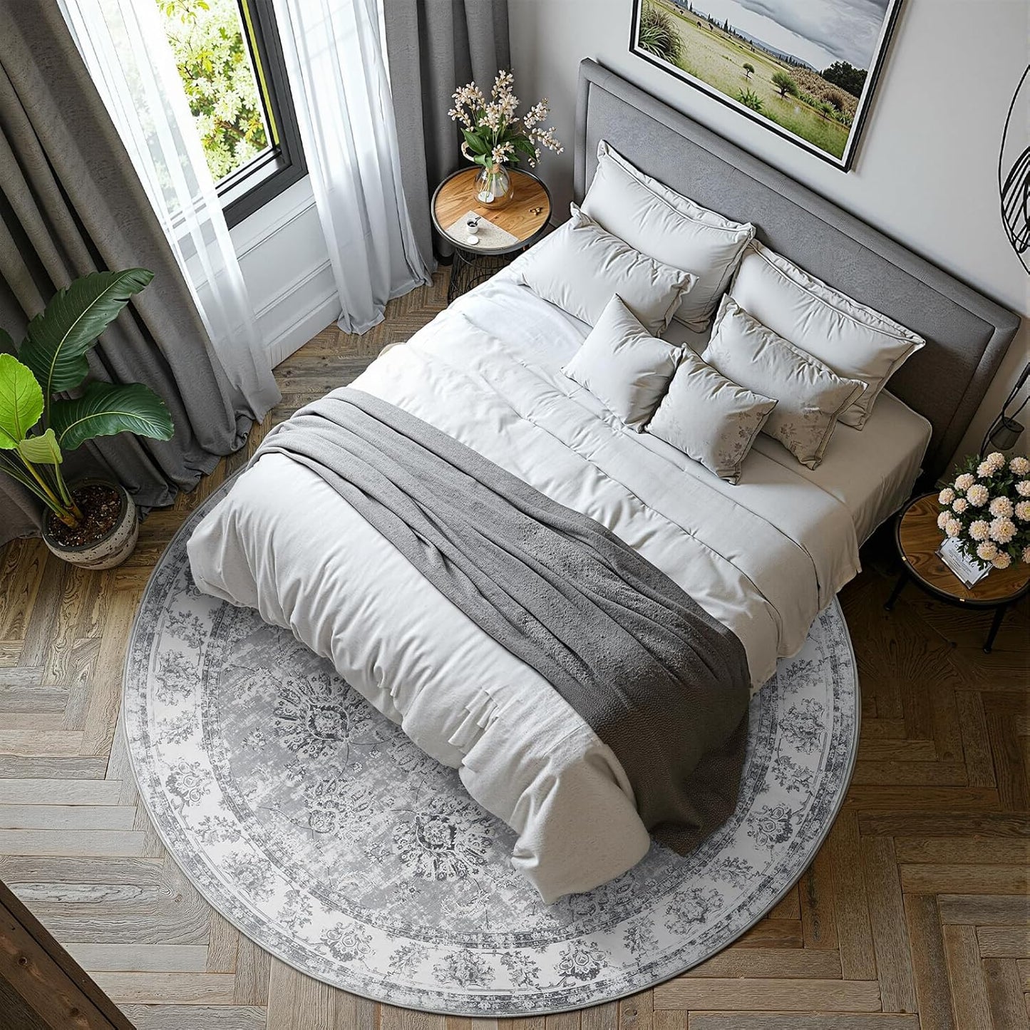 jinchan Round Rug 7ft Area Rug - Grey Vintage Floor Mat Kitchen Indoor Ultra-Thin Soft Floral Print - Washable Circle 7' Retro Accent for Farmhouse Non Slip Dining Room Living Room Bedroom Office