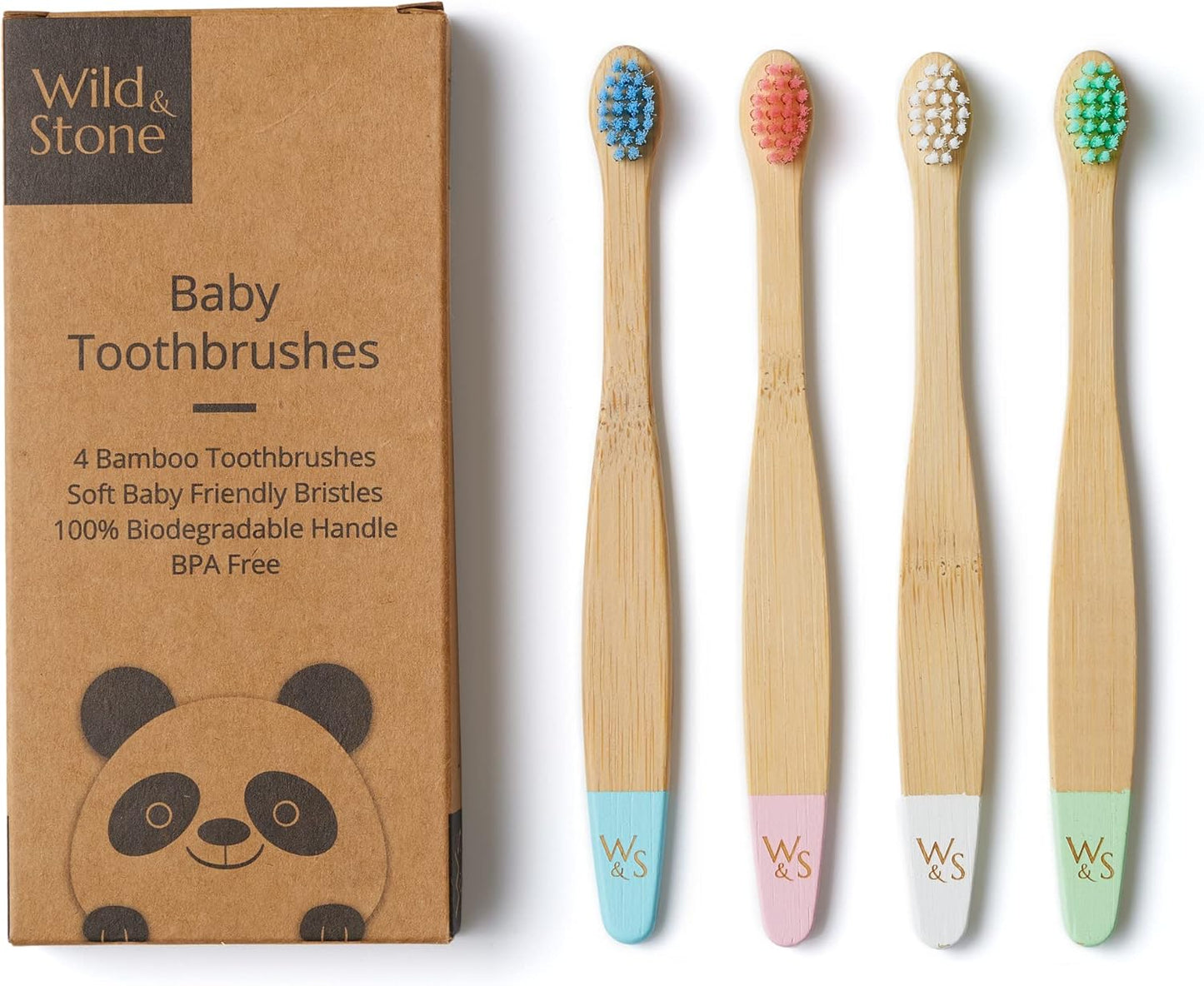 Wild & Stone Organic Baby Bamboo Toothbrushes | 4 Pack | Soft Bristles | 100% Compostable Handle | BPA Free | Vegan Baby Toothbrushes (Multicolour)
