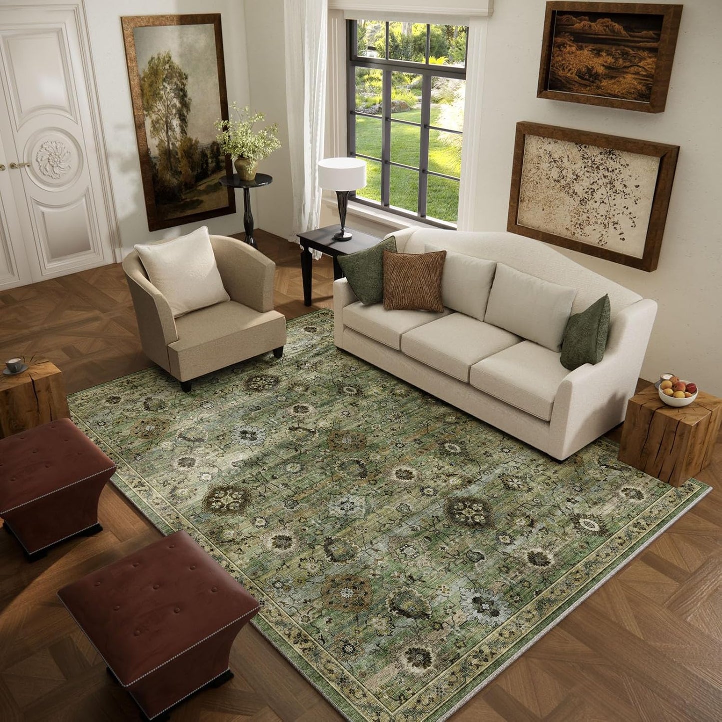 Washable Area Rugs for Living Room: 5x7 Rug Boho Vintage Rugs Stain Resistant Non Slip Low Pile Lightweight Soft Carpets for Bedroom Kitchen Dining Room Nursery Kids Room Farmhouse Home Office