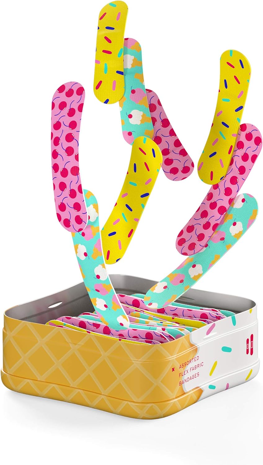 Welly Bandages | Adhesive Flexible Fabric Bravery Badges | Assorted Shapes for Minor Cuts, Scrapes, and Wounds | Colorful and Fun First Aid Tin | Ice Cream Patterns - 48 Count