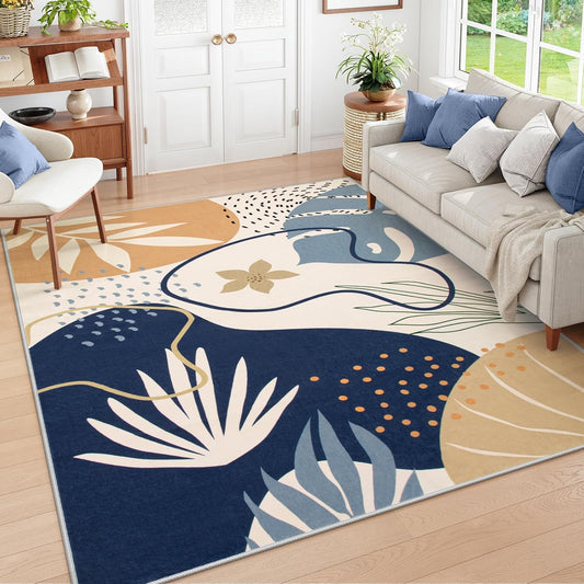 Lahome Washable Area Rug - 8x10 Non-Slip Ultra-Thin Large Area Rug, Soft Bedroom & Living Room Rug, Boho Botanical Print Indoor Stain Resistant Floor Rug for Dining Room Table & Office