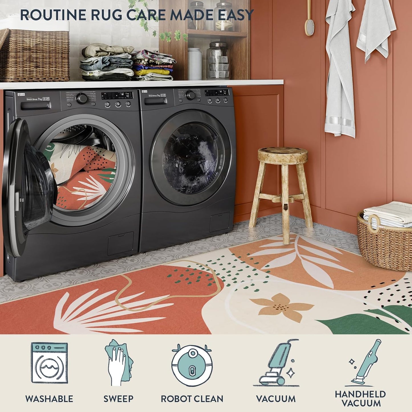 Lahome 4x6 Area Rugs, Washable Rug 4x6 for Living Room Soft Carpet for Bedroom Nursery Kids Room, Botanical Print Non-Slip Low Pile Carpet for Entryway Office Playroom Kitchen, Coral