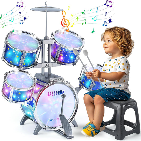 Upgraded Kids Drum Set for Toddlers 1-3, Kids Jazz Drum Ages 3-5, Star Light up Musical Instrument Toys for Boys Girls 2-5 4-6 5-7 ( All Plastic)