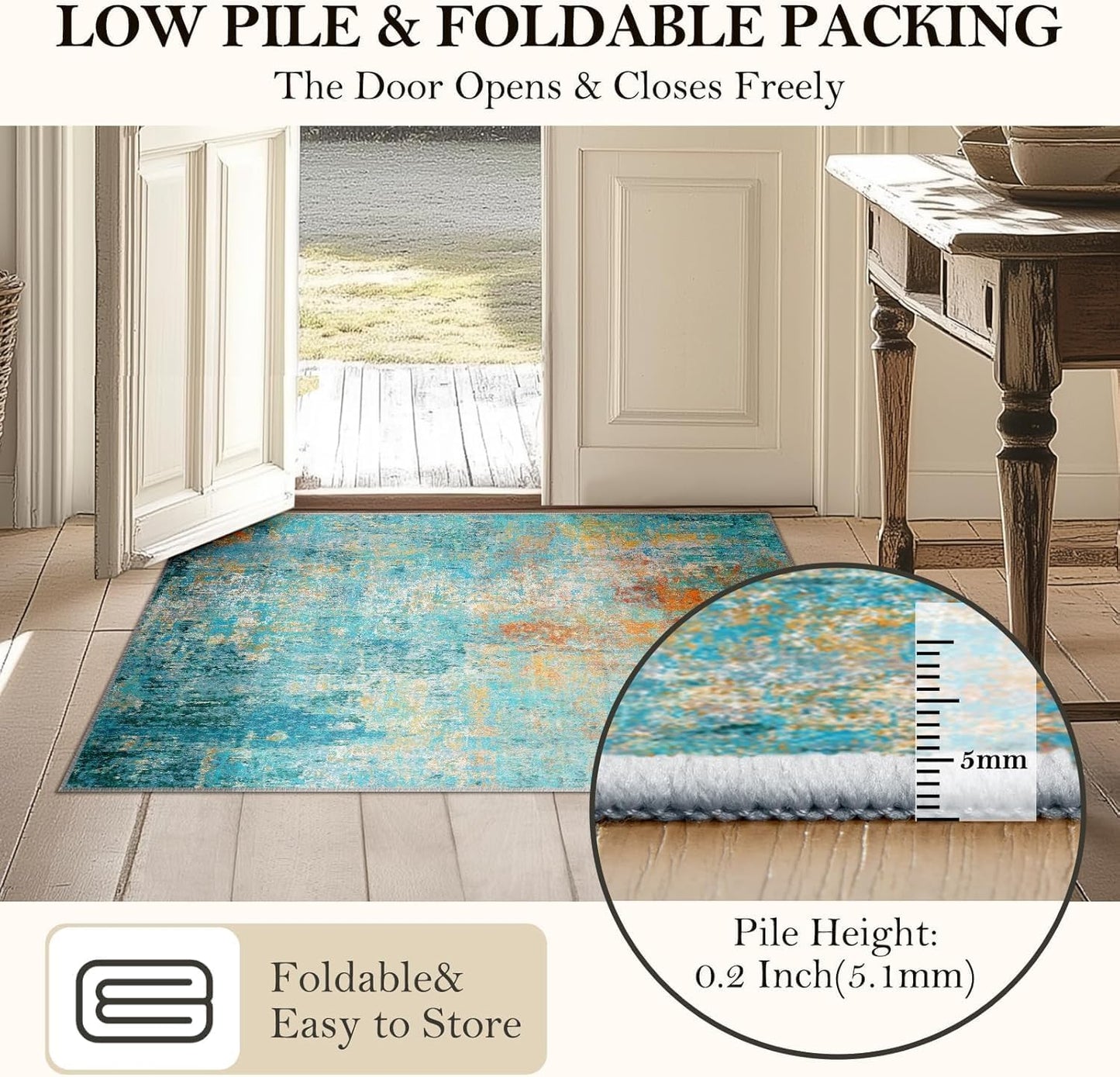 Washable Area Rugs 2'x8' Non-Slip Modern Abstract Soft for Living Room Entryway Bedroom Nursery, Print Pattern, Teal Blue Green Orange Rust Red Colorful