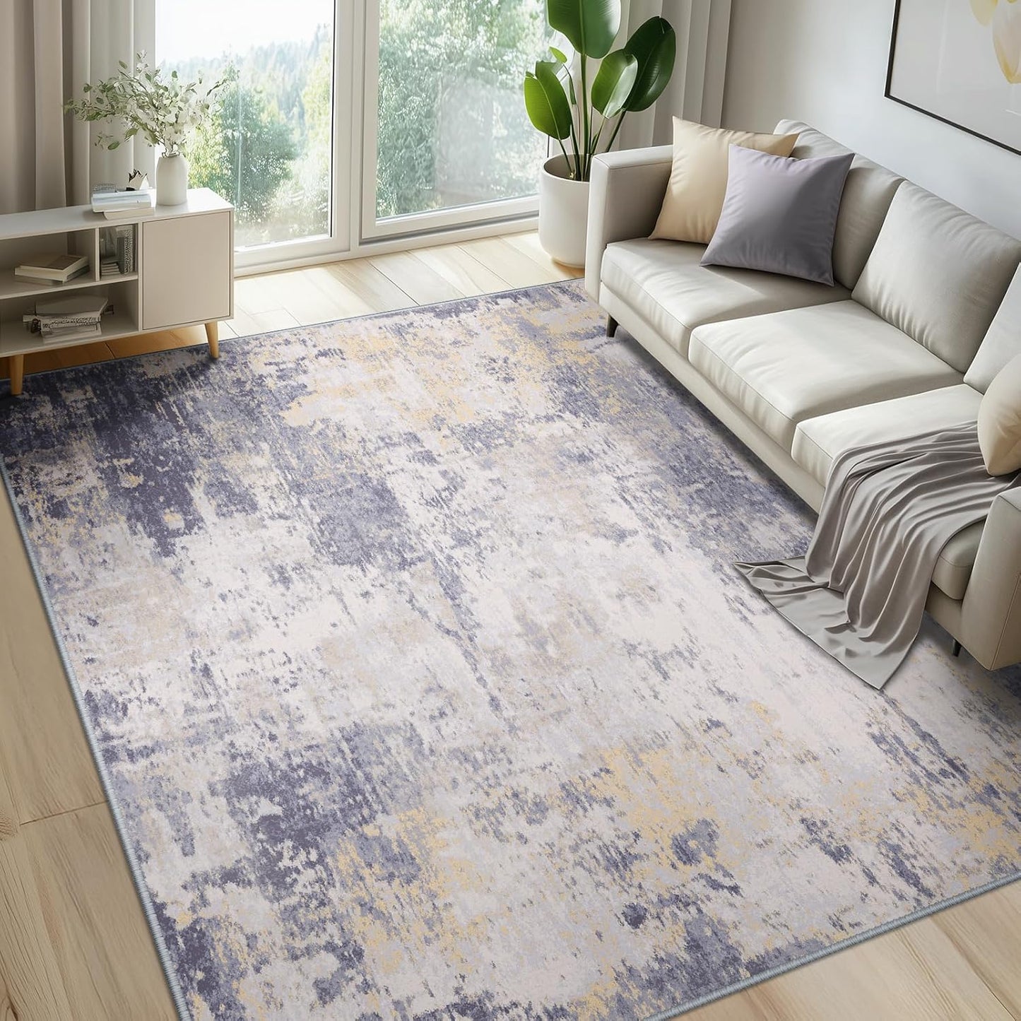 Washable Area Rugs 5'x7' Non-Slip Modern Abstract Soft for Living Room Entryway Bedroom Nursery, Print Pattern, Purple Grey Cream Yellow