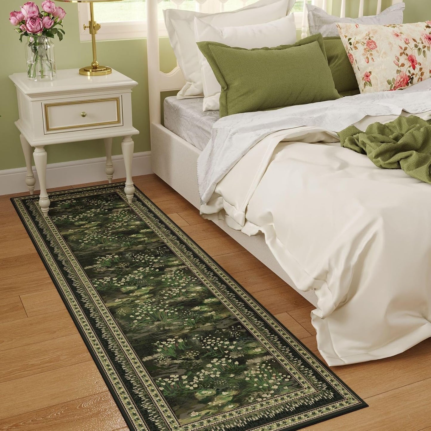 Runner Rug Impressionist-Style Vintage Kitchen Rugs Non Slip Washable Soft Carpet Runner for Kitchen Laundry Bedroom Bathroom, Green