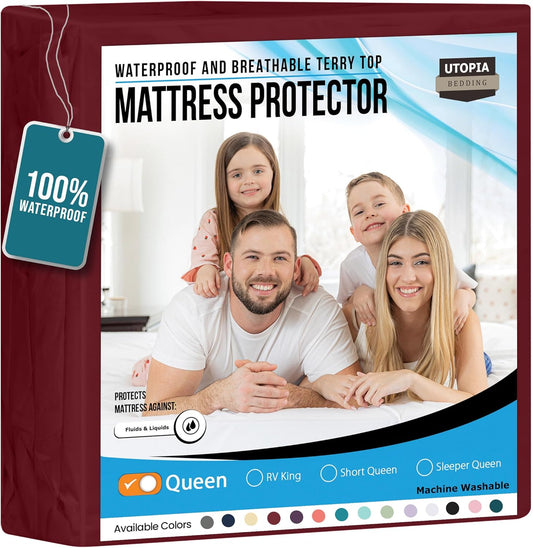 Utopia Bedding Waterproof Mattress Protector Queen Size, Premium Terry Mattress Cover 200 GSM, Breathable, Fitted Style with Stretchable Pockets (Burgundy)