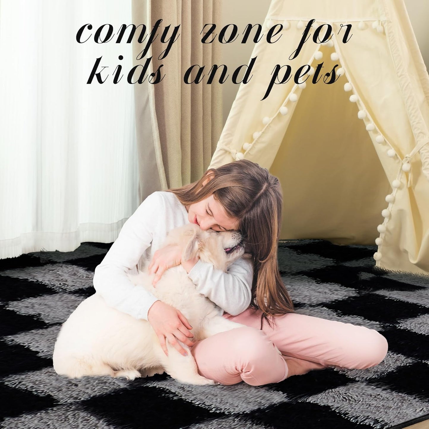 Super Soft Rug for Bedroom, 8x10 Ft Grey and Black Area Rug Classic Checkered Shaggy Rug Anti-Skid High Pile Soft Fluffy Fuzzy Carpet for Living Room Bedroom Kids Room Nursery, Dorm Home Decor