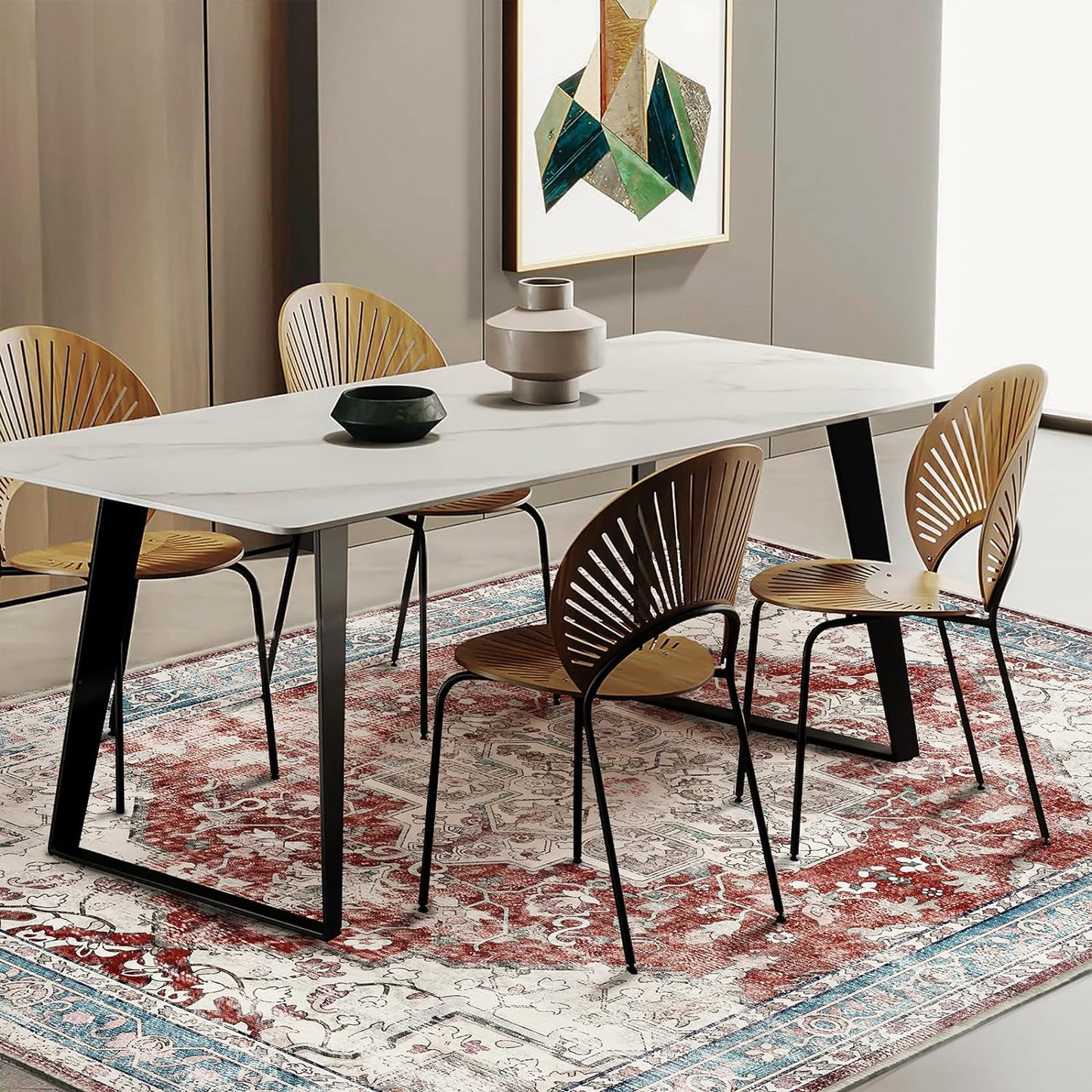 Washable Area Rug 9'x12' Red Blue Retro Flowers Boho Design Non-Shedding Easy Care Ideal for High Traffic Areas in Living Room Bedroom Office Coffee Table Kitchen Large Carpet