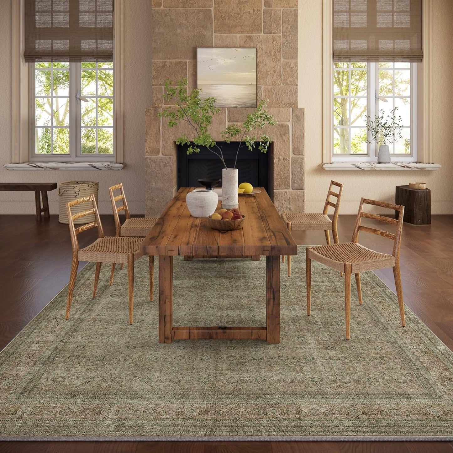 Washable Area Rugs for Living Room: 8x10 Bedroom Rug Boho Vintage Rugs Stain Resistant Non Slip Low Pile Lightweight Soft Carpets for Dining Room Kitchen Nursery Kids Room Farmhouse Living Room