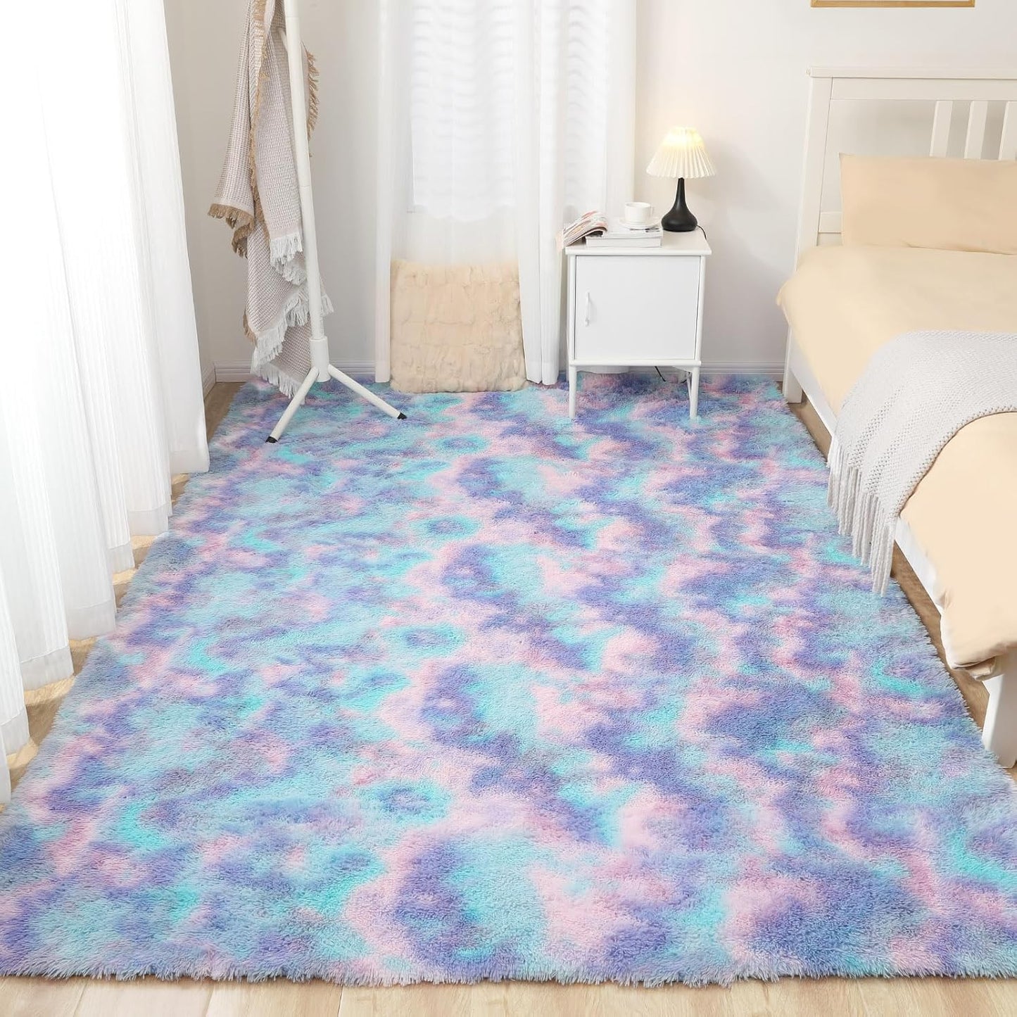 Rainbow Rug for Girls Room, 9x12 Fluffy Area Rugs for Bedroom, Colorful Kids Rug Cute Anti-Skid Indoor Carpet for Nursery, Living Room, Playroom, Home Decor